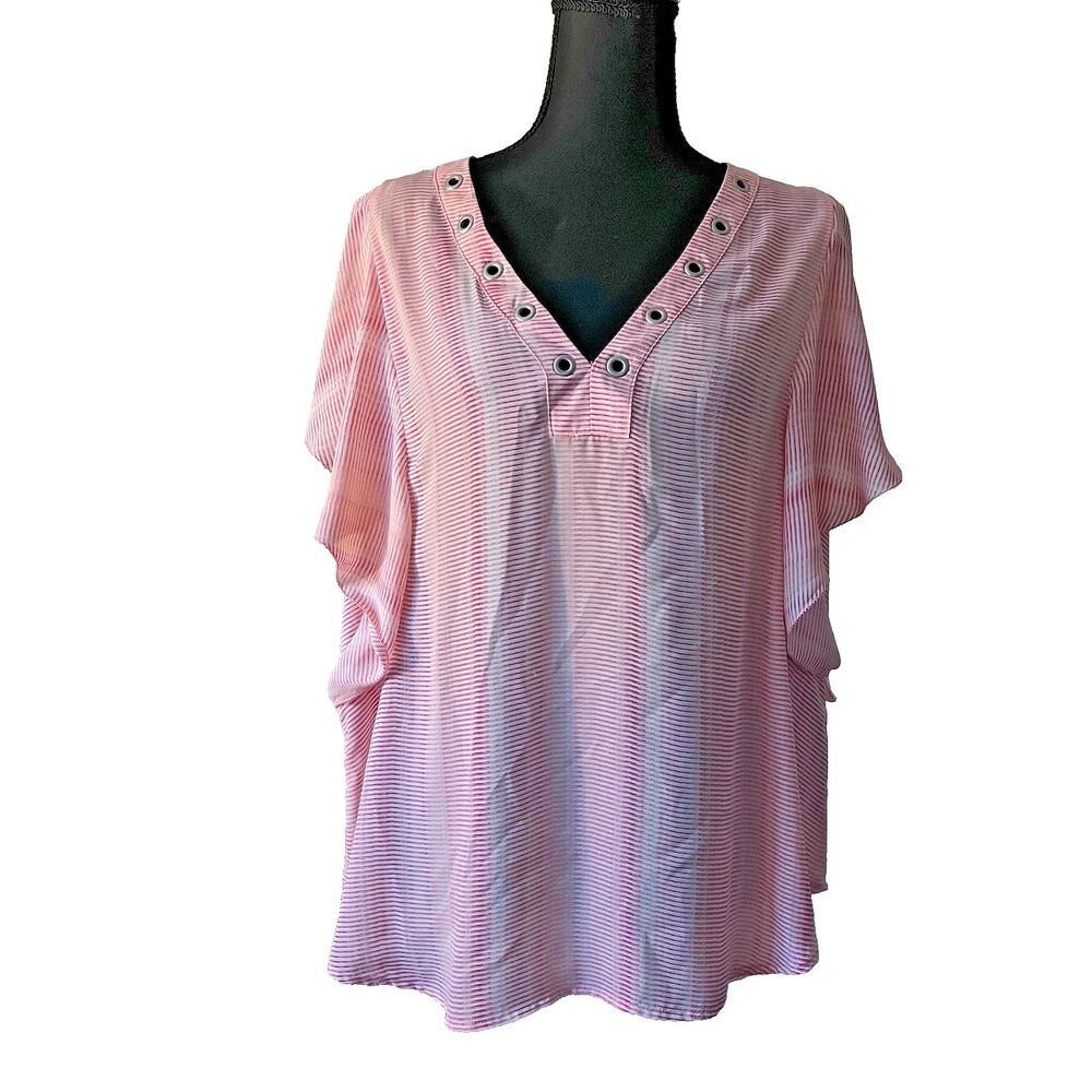 A.N.A‎ Stripes Red/Pink/White Ruffle Chiffon Grommets V Neck Blouse Size XL
